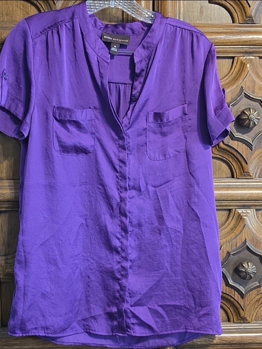 Dana Buchman Vibrant Purple Short Sleeve Split-Neck Blouse